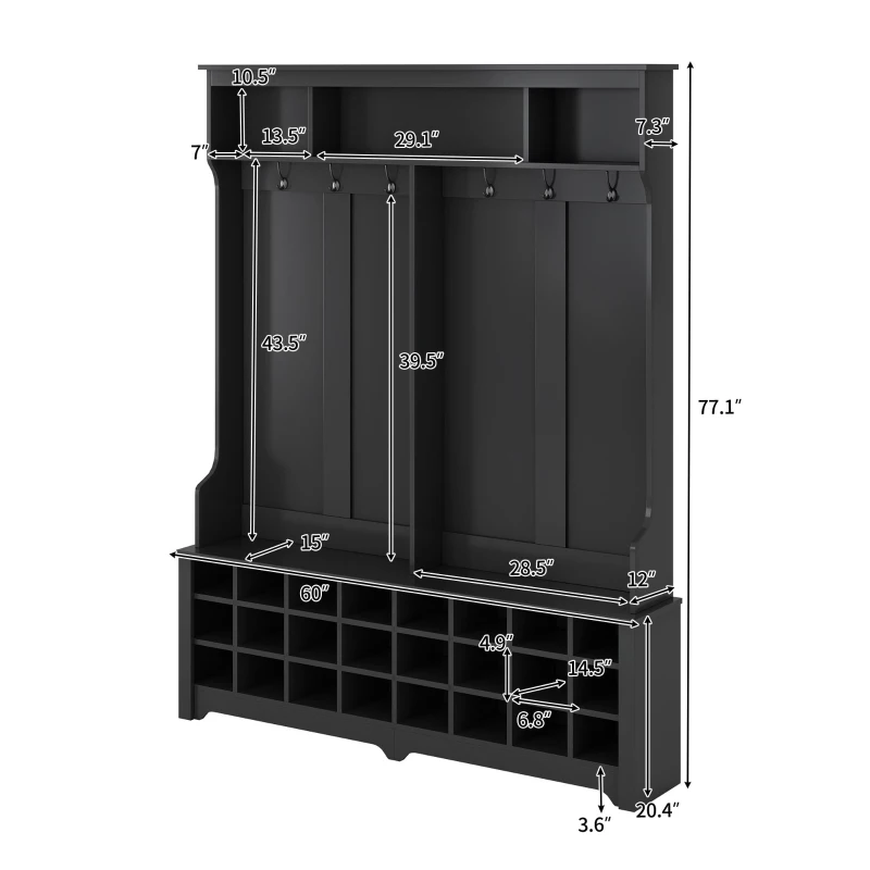 Vinsetto 60" Modern Wide Hall Tree with Metal Hooks, Entryway Bench, 24 Shoe Cubbies and Ample Storage, Coat Rack for Hallway, Black
