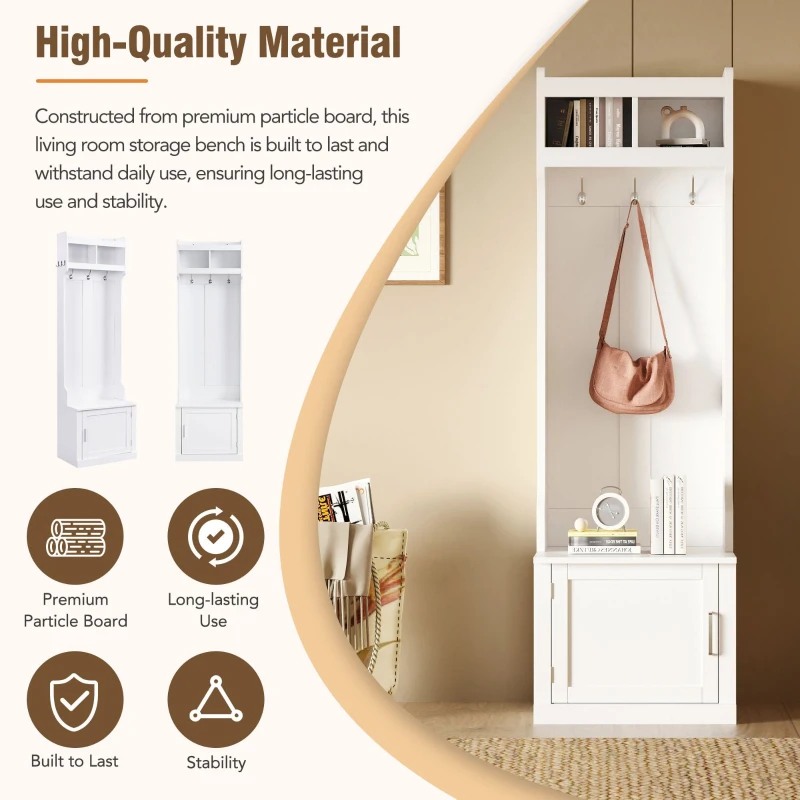 Vinsetto Minimalist Slim Hall Tree with Cabinet & 6 Hanging Hooks, Multi-functional Storage, 24" L x 16" W x 79" H, White