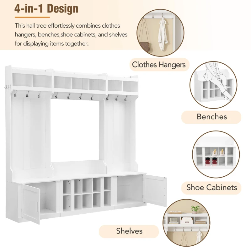 Vinsetto 4-in-1 Wide Storage Hall Tree with Bench and Shoe Cubbies, Multi-functional Entryway Coat Rack, 82.5" L x 15.5" W x 78.5" H, White