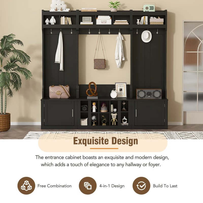 Vinsetto 4-in-1 Wide Storage Hall Tree with Bench and Shoe Cubbies, Multi-functional Entryway Coat Rack, 82.5" L x 15.5" W x 78.5" H, Black
