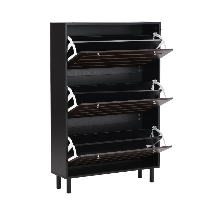 Minimalist Slim Shoe Cabinet with Hanging Hooks, 3 Flip Drawers, Adjustable Shelves, and Large Storage Capacity, 31.5" L x 9.5" W x 48" H, Black
