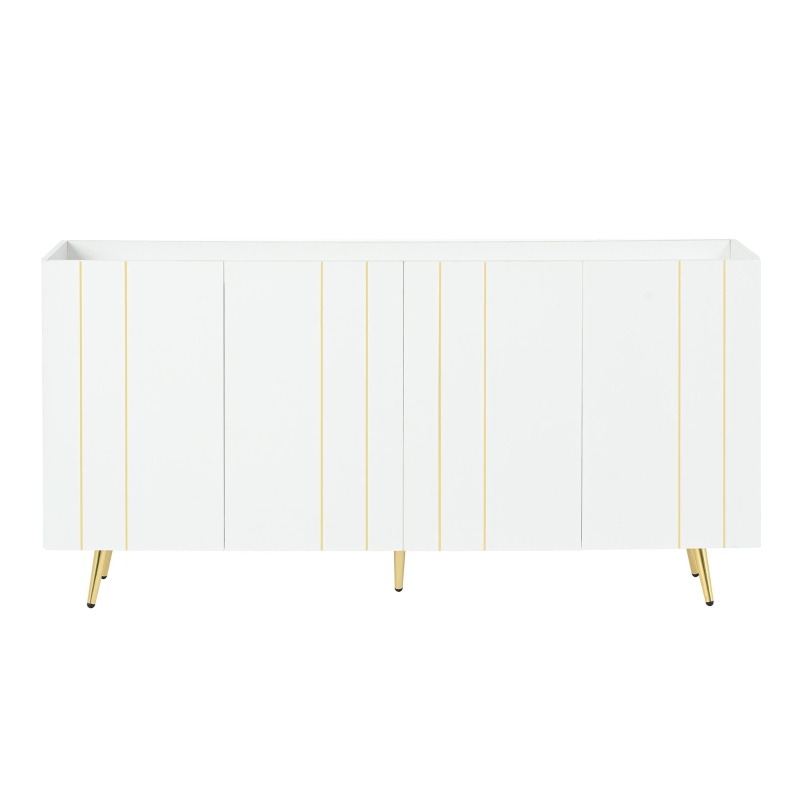Storage Shoe Cabinet with 5 Metal Legs, Gold Lines Doors, Minimalist Sideboard Cabinet, Modern TV Stand, 63" L x 15" W x 31.5" H, White