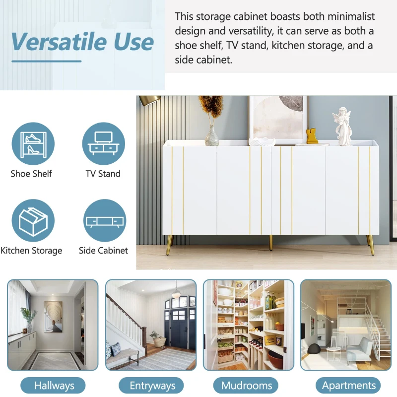 Storage Shoe Cabinet with 5 Metal Legs, Gold Lines Doors, Minimalist Sideboard Cabinet, Modern TV Stand, 63" L x 15" W x 31.5" H, White