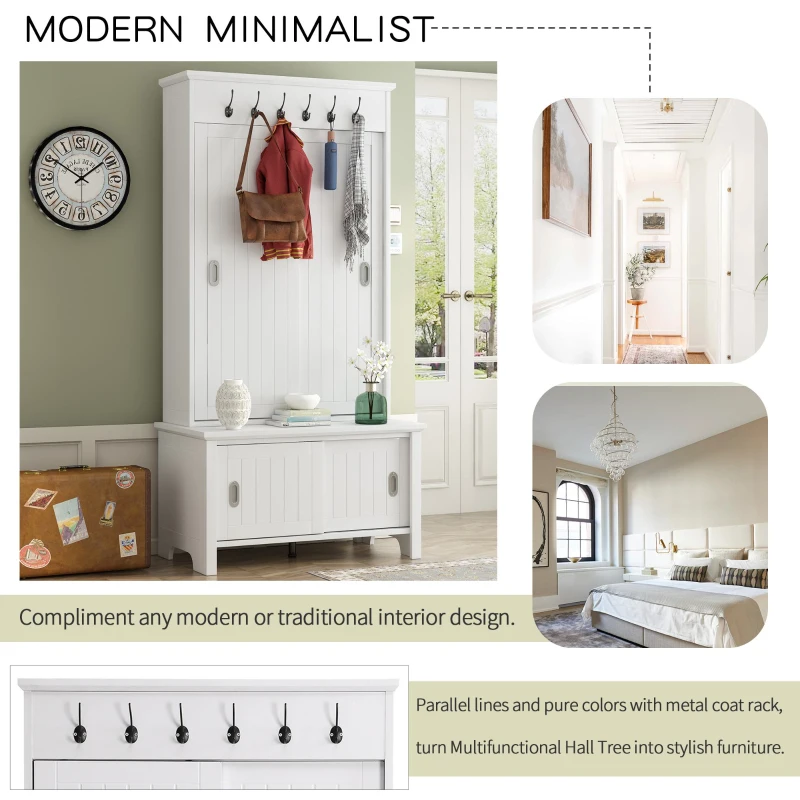 Vinsetto Multifunctional Hall Tree with Storage Bench, Hallway Shoe Cabinet with Shelves, Mudroom Coat Storage with Hanging Hooks for Entryways, White