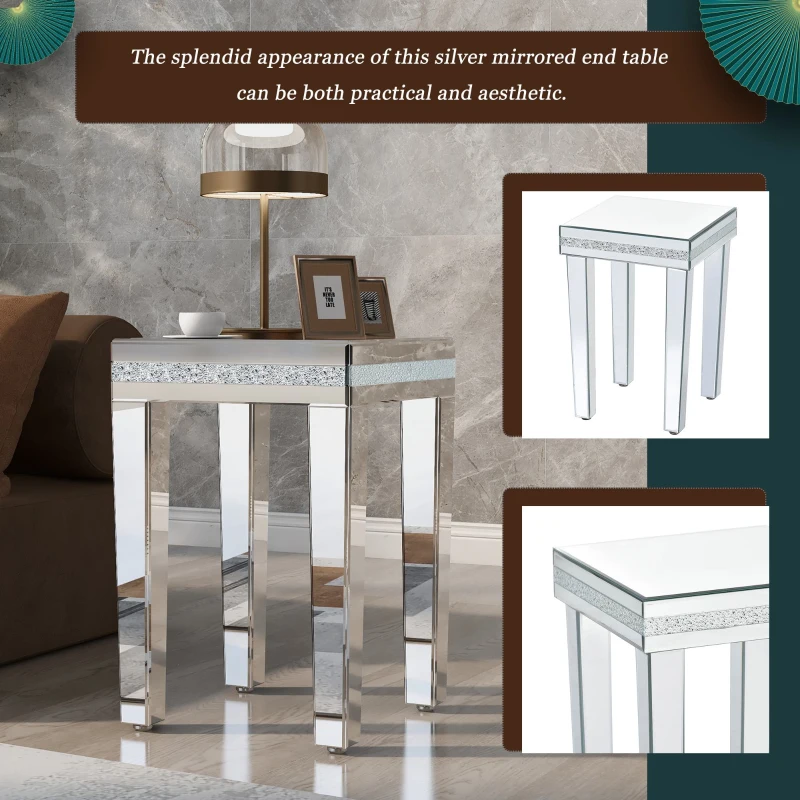 Modern Glass Mirrored Side Table with Crystal Design and Adjustable Height Legs, Easy Assembly End Table, 15" L x 15" W x 22.5" H, Silver