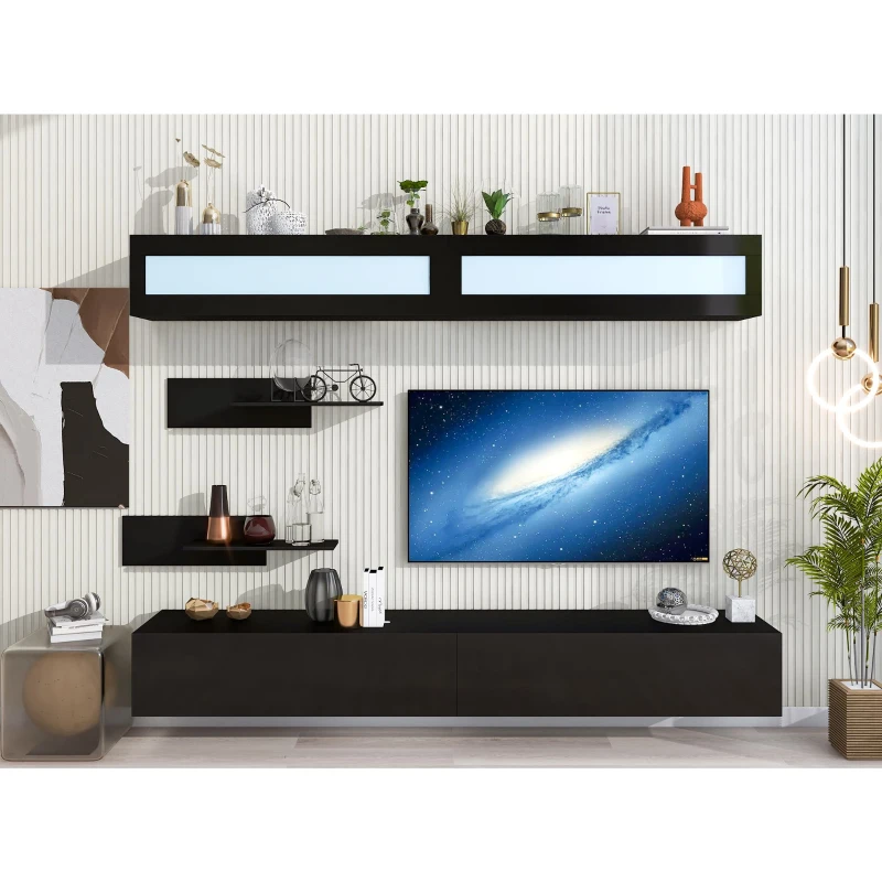 Vinsetto Wall Mount Floating TV Stand with 4 Media Storage Cabinets, 2 Shelves, and 16-Color RGB LED Lights for 95+" TV, Black
