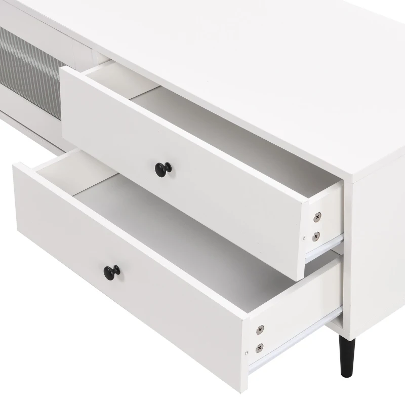 Vinsetto Chic Elegant Design TV Stand with Sliding Fluted Glass Doors, Slanted Drawers Media Console for TVs Up to 75", TV Cabinet with Storage Space, White