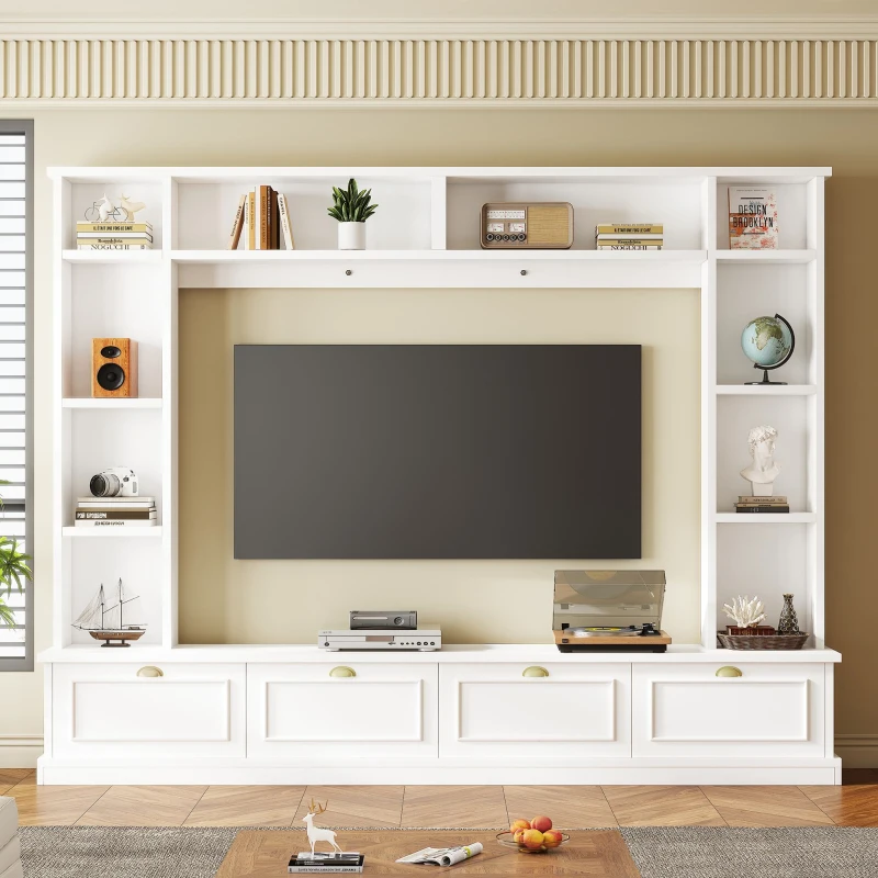 Vinsetto Modern Large Wall Unit Entertainment Center with Bookshelves for TVs Up to 78", 4-in-1 TV Stand with Cabinets, Open Shelves, White