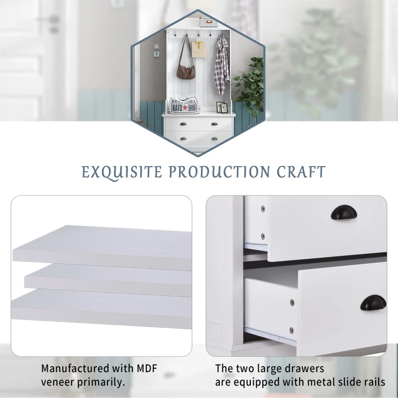 Vinsetto Vintage Style Hallway Coat Rack with 5 Metal Hooks and 2 Large Drawers, MDF Veneer, 38.5" Wide, White