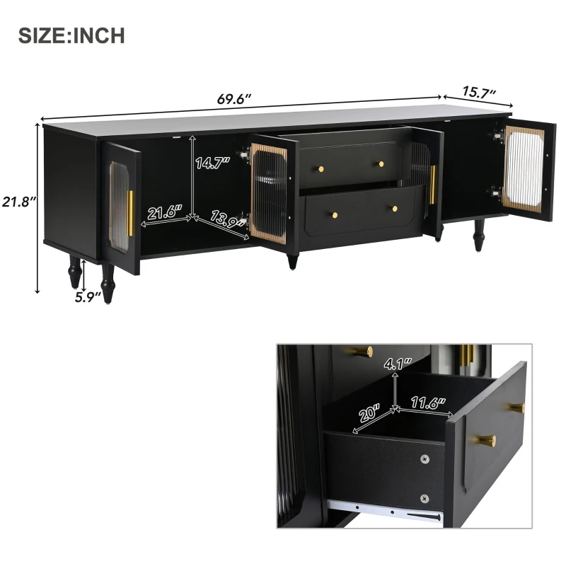 Retro Design TV Stand with Fluted Glass Doors, 2 Drawers and Cabinets, Fits TVs Up to 78", 70" L x 16" W x 22" H, Black