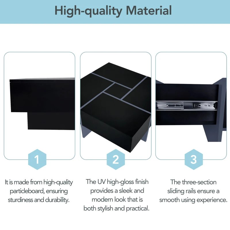 Coffee Table with 4 Hidden Storage Compartments, Extendable Sliding Tabletop, UV High-Gloss Design, 31.5"x31.5", Black