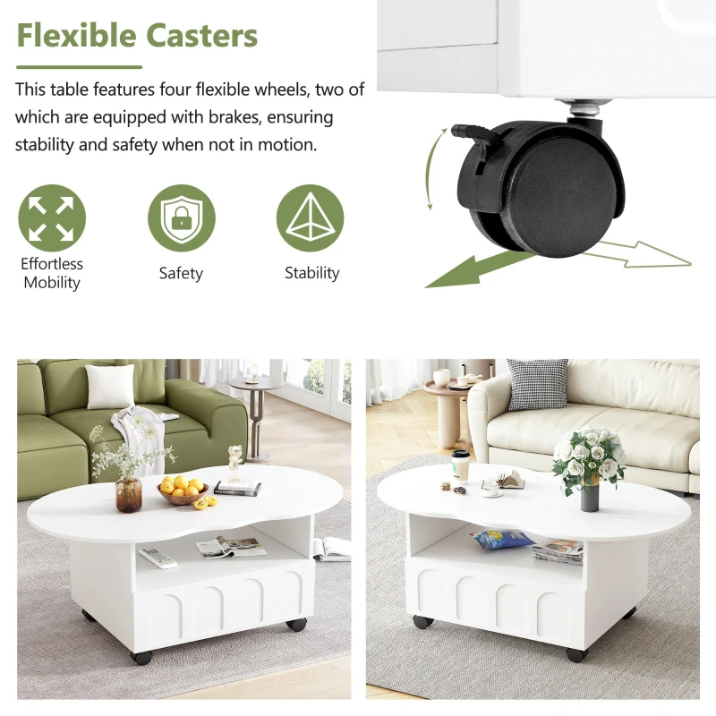 Vinsetto Coffee Table with Cloud Top, 2 Brake Wheels, Drawer, and Large Storage, 39.5" L x 23.5" W x 17.5" H, White