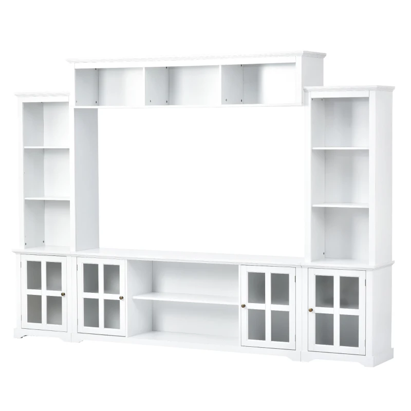 Modern Multifunctional TV Stand for TVs Up to 70" with Glass Door and Bridge, Minimalism Entertainment Wall Unit, 104" L x 15" W x 78.5" H, White