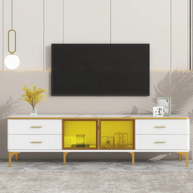 Vinsetto Stylish LED TV Stand with Marble-Veined Table Top, Brown Glass Storage Cabinet, Golden Legs & Handles, Fits TVs Up to 78", Gold+White