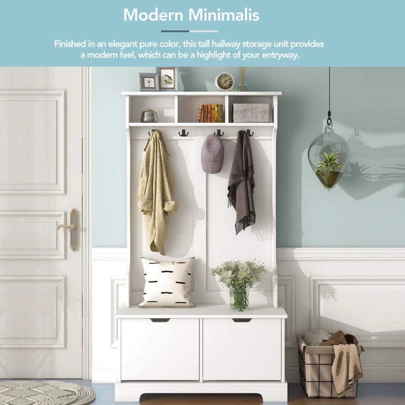Vinsetto All-in-One Hall Tree with 3 Top Shelves, 2 Flip Shoe Storage Drawers, Storage Bench, and Metal Hanging Hooks, 39.5" L x 18" W x 71" H, White