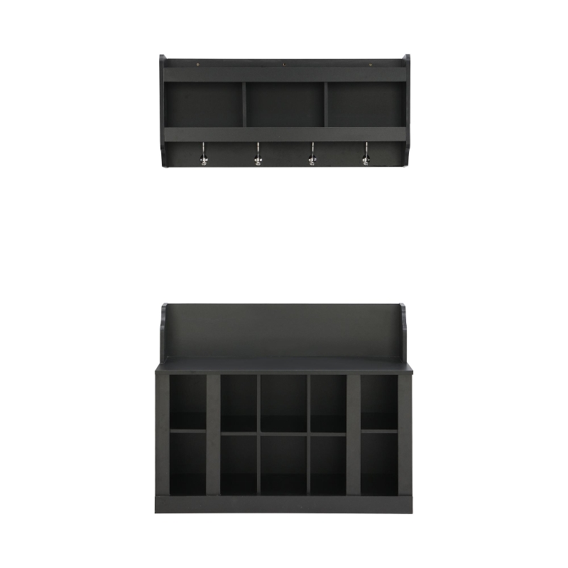 Shoe Cabinet Storage with Shelves and 4 Hooks, Elegant Hall Tree with Wall Mounted Coat Rack, Entryway Organizer for Hallway, Mudroom, Black