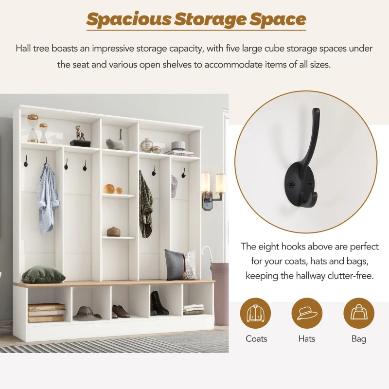 Wide Hall Tree with Storage Bench, Cube Storage, Shelves and 8 Hooks, Multifunctional Coat Rack, Shoe Cabinet, 67" L x 15" W x 72" H, White
