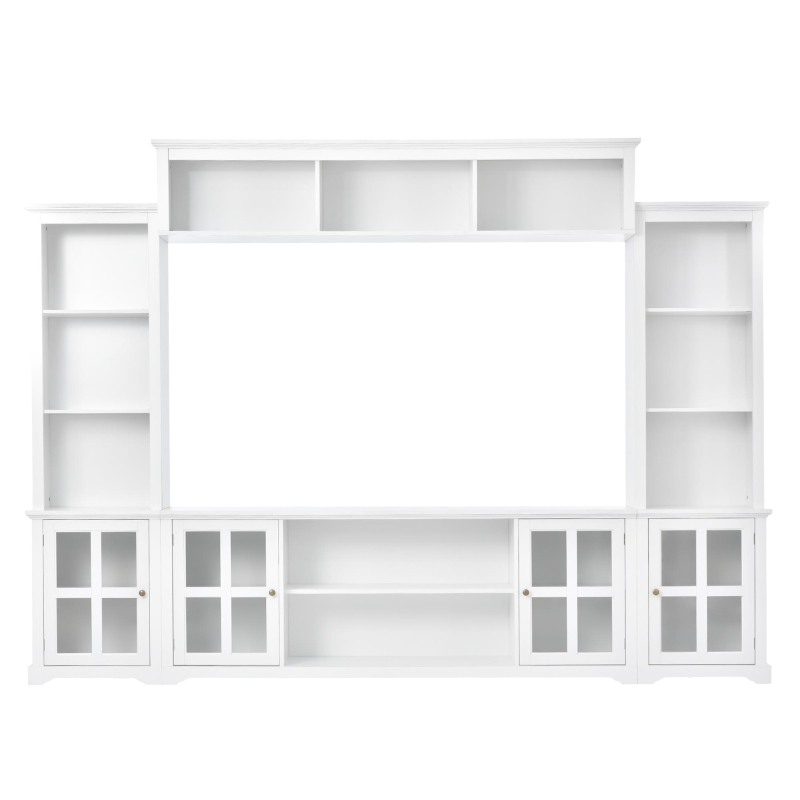 Modern Multifunctional TV Stand for TVs Up to 70" with Glass Door and Bridge, Minimalism Entertainment Wall Unit, 104" L x 15" W x 78.5" H, White
