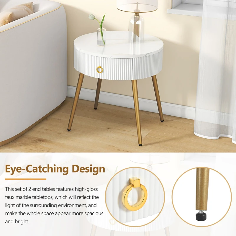 Vinsetto Set of 2 Modern End Tables with Storage, Faux Marble Tabletops, Fluted Panels, and Golden Legs, 19.5" L x 19.5" W x 20.5" H, White+Gold