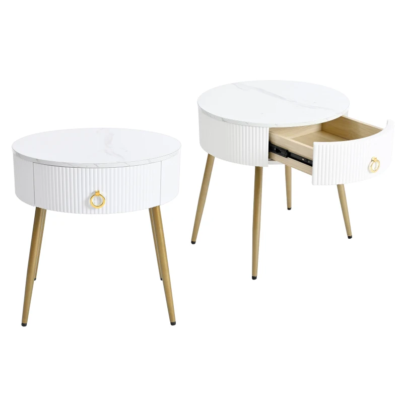 Vinsetto Set of 2 Modern End Tables with Storage, Faux Marble Tabletops, Fluted Panels, and Golden Legs, 19.5" L x 19.5" W x 20.5" H, White+Gold