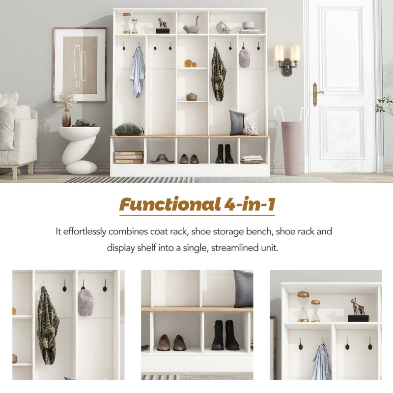 Wide Hall Tree with Storage Bench, Cube Storage, Shelves and 8 Hooks, Multifunctional Coat Rack, Shoe Cabinet, 67" L x 15" W x 72" H, White