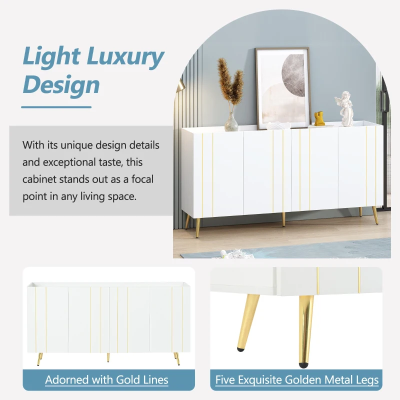 Storage Shoe Cabinet with 5 Metal Legs, Gold Lines Doors, Minimalist Sideboard Cabinet, Modern TV Stand, 63" L x 15" W x 31.5" H, White