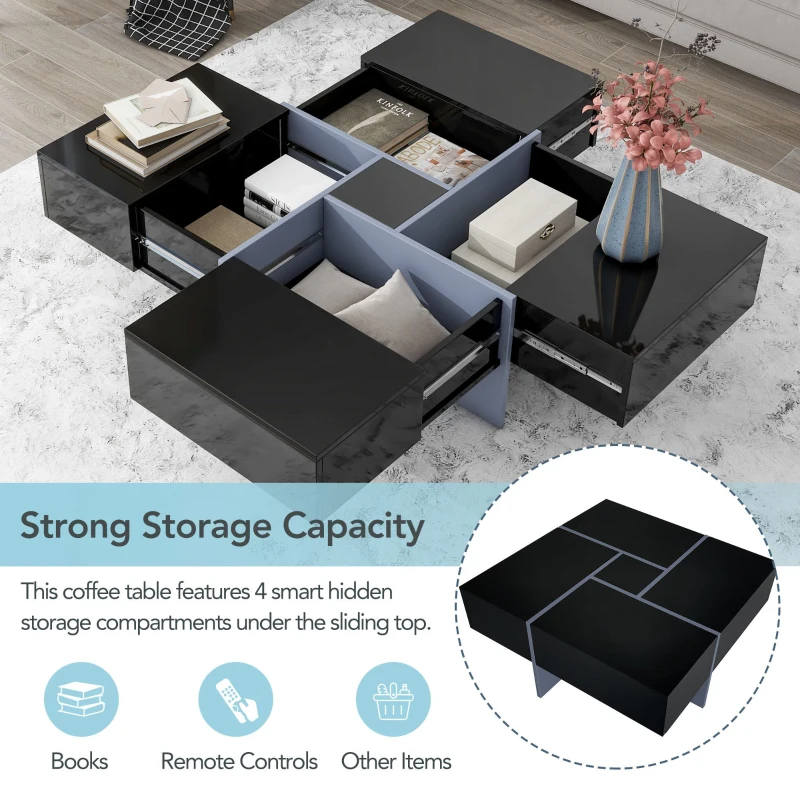 Coffee Table with 4 Hidden Storage Compartments, Extendable Sliding Tabletop, UV High-Gloss Design, 31.5"x31.5", Black