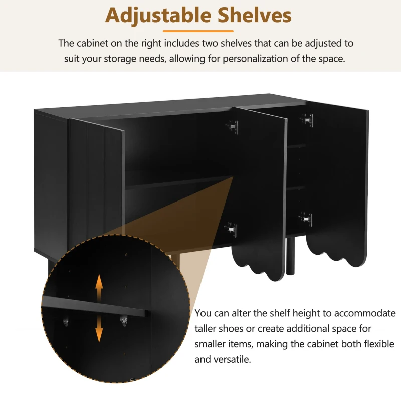 Minimalist Storage Shoe Cabinet with Adjustable Shelves, Solid Wood Legs, and Wave Doors, 47" L x 13.5" W x 31.5" H, Black