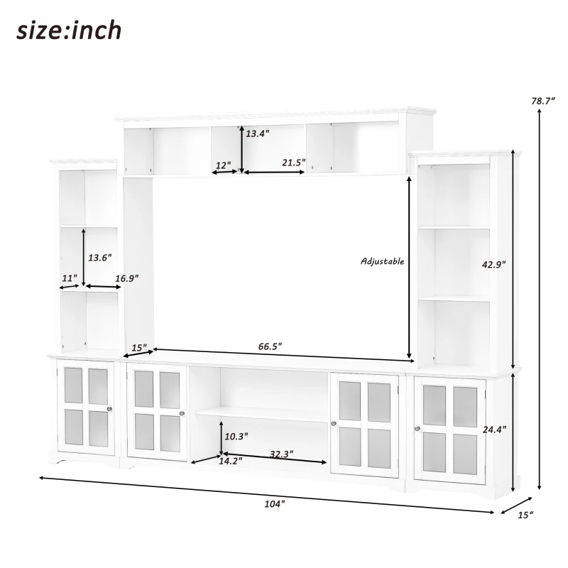 Modern Multifunctional TV Stand for TVs Up to 70" with Glass Door and Bridge, Minimalism Entertainment Wall Unit, 104" L x 15" W x 78.5" H, White