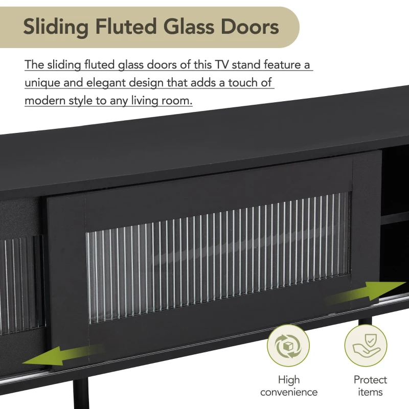 Vinsetto Chic Elegant Design TV Stand with Sliding Fluted Glass Doors, Media Console for TVs Up to 75", Modern TV Cabinet with Ample Storage Space, Black