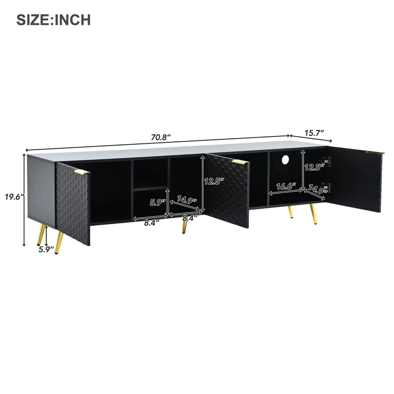 Vinsetto Modern Minimalist Geometric TV Stand with Metal Handles and Gold Legs, Fits TVs Up to 80", Multi-functional TV Stand with Storage Cabinets, Black+Gold