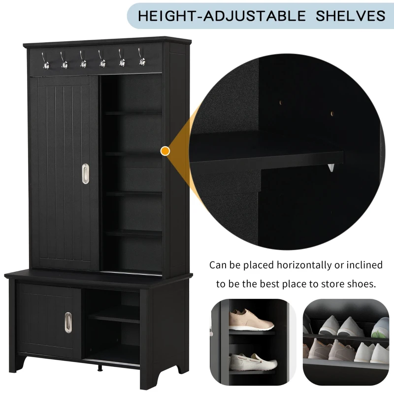 Vinsetto Multifunctional Hall Tree with Storage Bench, Hallway Shoe Cabinet with Shelves, Mudroom Coat Storage with Hanging Hooks for Entryways, Black