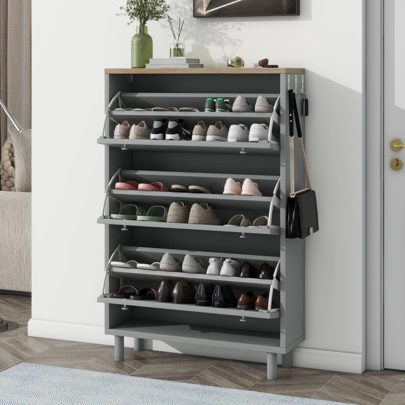 Vinsetto Narrow Design Shoe Cabinet with 3 Flip Drawers, Wood Grain Top, Adjustable Shelves, and Hooks, 31.5" L x 9.5" W x 48" H, Grey
