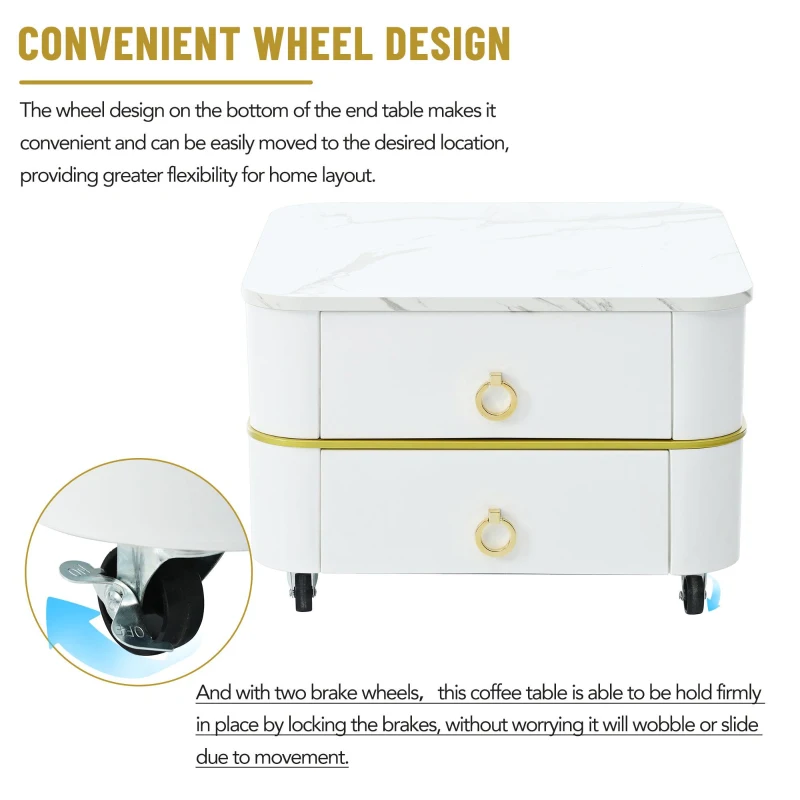 2-in-1 Square Nesting Coffee Table with Wheels & Drawers, High Gloss Marble Grain Top, Tempered Glass, 29" L x 27" W x 16" H, White+Gold