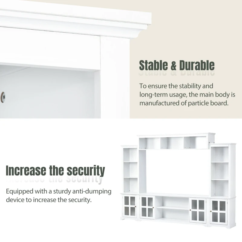 Modern Multifunctional TV Stand for TVs Up to 70" with Glass Door and Bridge, Minimalism Entertainment Wall Unit, 104" L x 15" W x 78.5" H, White