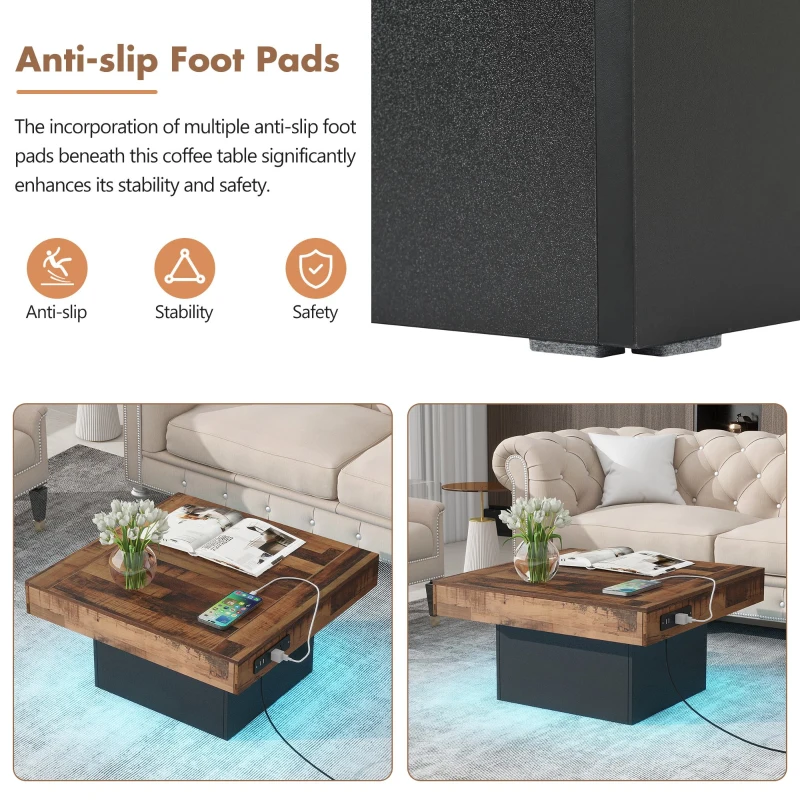 Farmhouse Wood Coffee Table with 2 USB Ports and Outlets, LED Light, Anti-Slip Foot Pads, Spliced Wood Grain, 31.5" L x 31.5" W x 16.5" H, Black