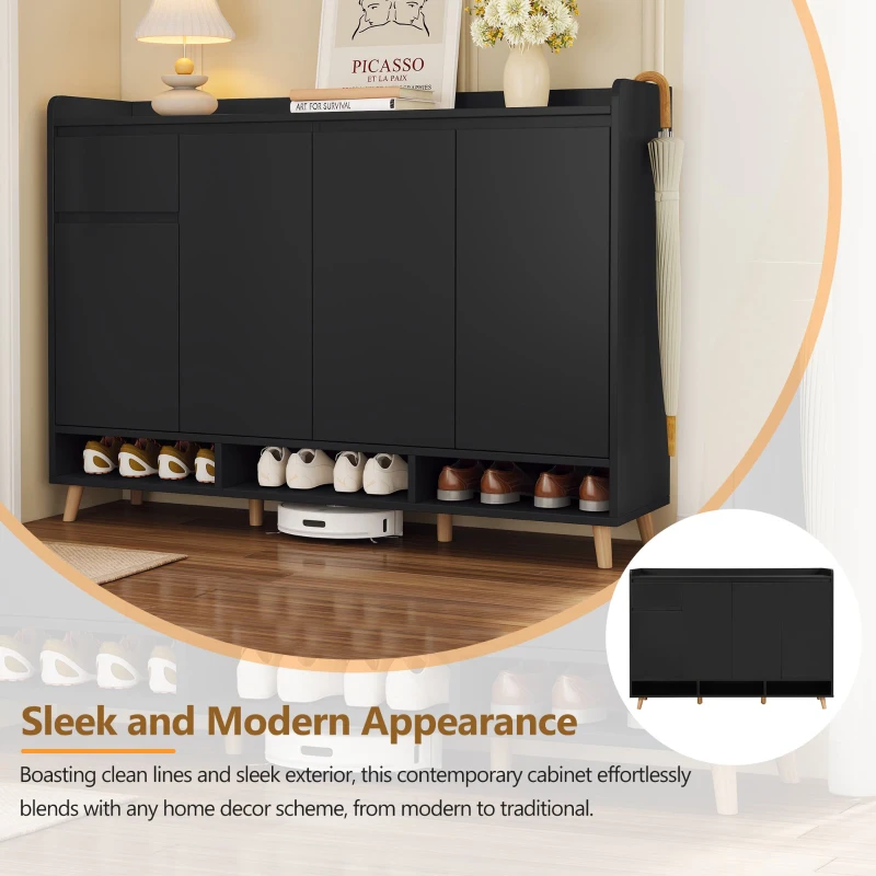 Sleek and Contemporary Shoe Cabinet with Adjustable Shelves, Solid Wood Legs, and Ample Storage, 55.5" L x 14" W x 39.5" H, Black