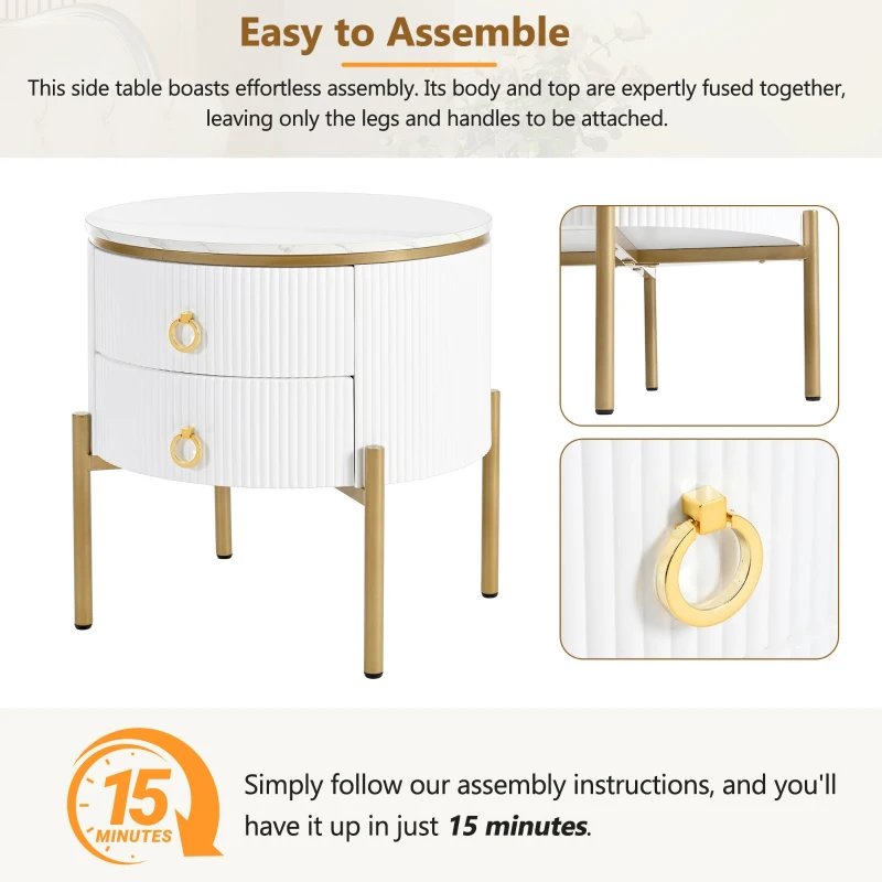 Vinsetto Round End Table with Storage Drawers, Modern Coffee Table with Faux Marble Top, Metal Legs and Handles, White+Gold