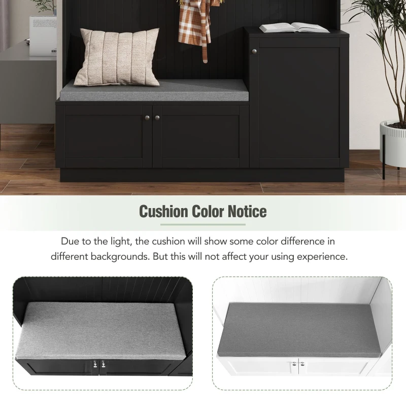 Vinsetto Elegant Hall Tree with Bench and Cushion, Modern Coat Rack with Hooks, Shoe Cabinet Storage, 59" L x 15.5" W x 78.5" H, Black