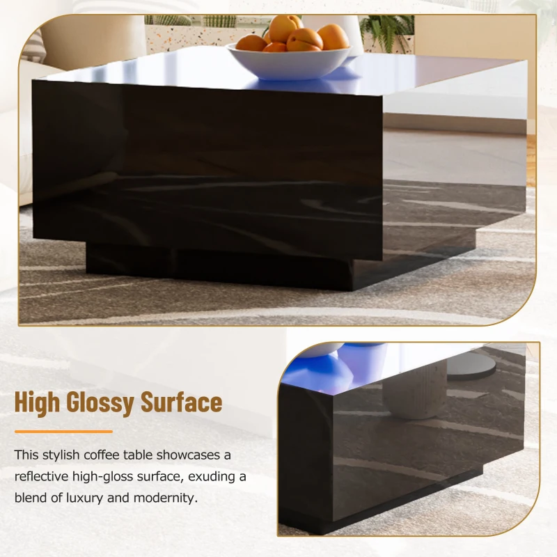 Square High Glossy Coffee Table with 16-Color LED Strip Lights, 0.2'' Glass Top, Modern Center Table for Living Room, 27.5" L x 27.5" W x 14" H, Black