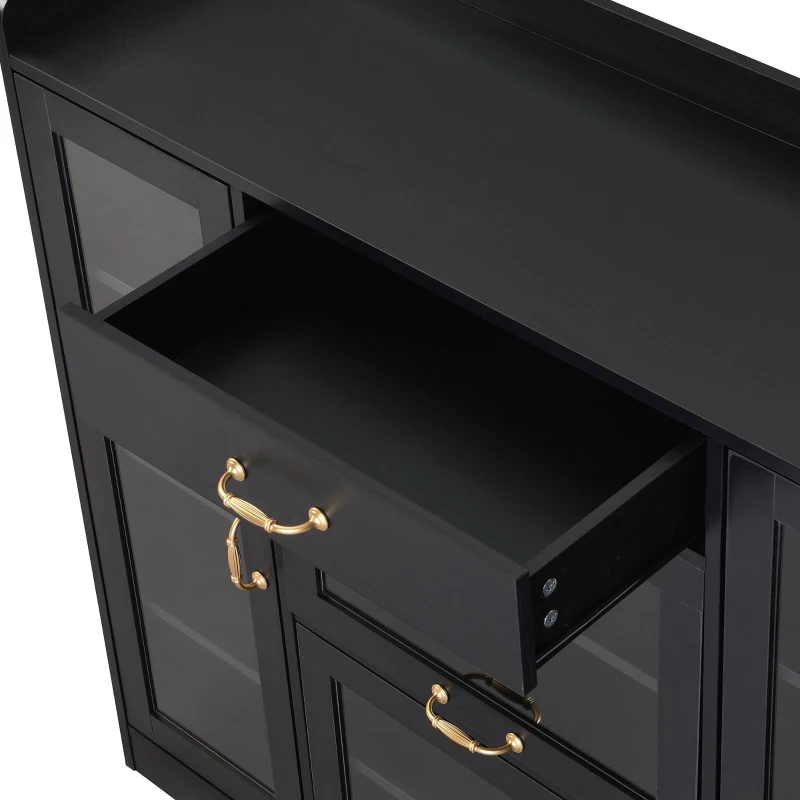 Vinsetto Modernist Side Storage Cabinets with 4 Glass Doors & 3 Hooks, Freestanding Shoe Rack with Adjustable Shelves, Gold Handles, Black