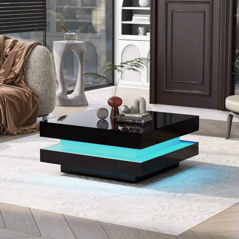 High Gloss Minimalist Coffee Table with LED Lights, 2-Tier Square Center Table for Living Room, 31.5" L x 31.5" W x 14" H, Black