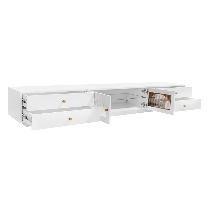 Luxurious TV Stand with Fluted Glass Doors, Media Console for TVs Up to 95'', Tempered Glass Shelf, Multiple Storage Options, White