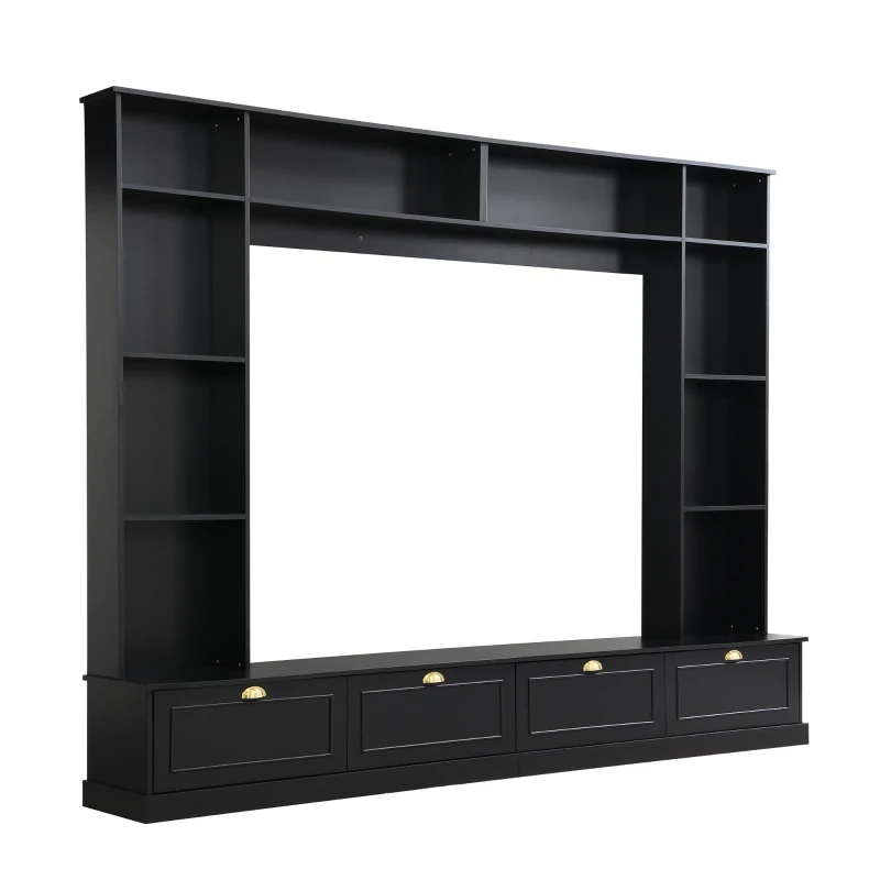 Modern Large Wall Unit Entertainment Center with Bookshelves for TVs Up to 78", 4-in-1 TV Stand with Cabinets, Open Shelves, Black