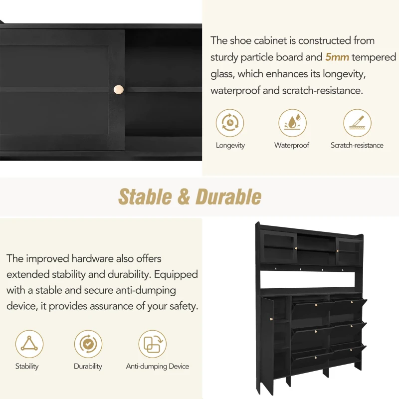 Vinsetto Multifunctional Shoe Cabinet with Storage Shelf, 6 Drawers, 4 Hooks and Tempered Glass Doors, Modern Hall Tree, 62" L x 7" W x 82" H, Black