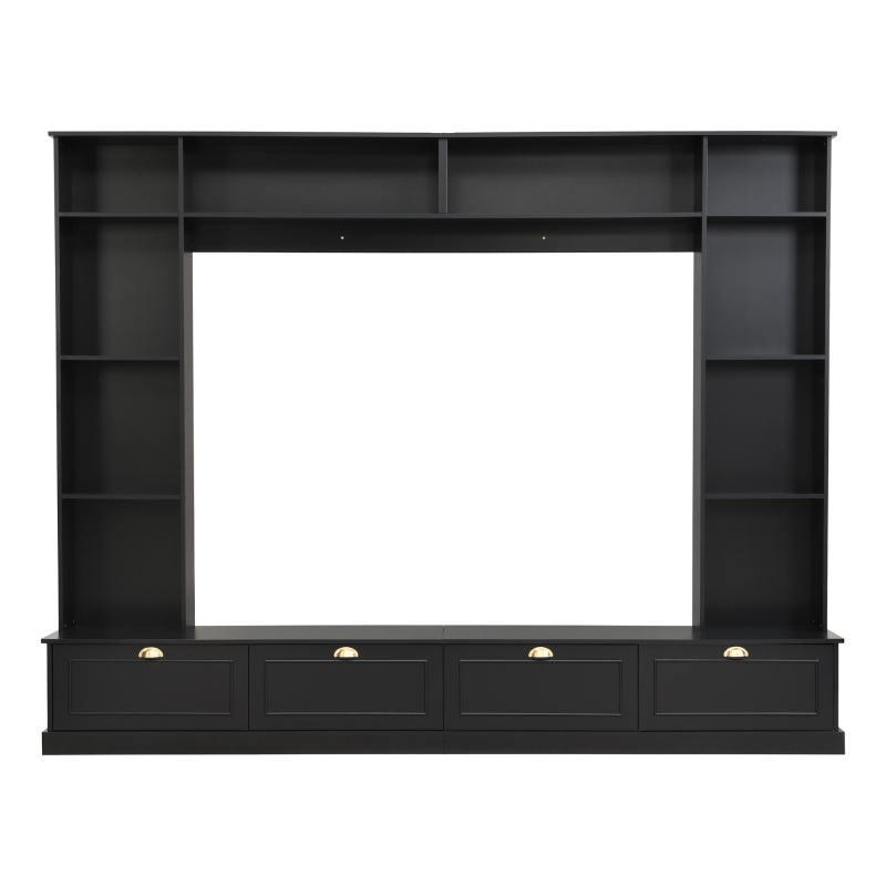 Modern Large Wall Unit Entertainment Center with Bookshelves for TVs Up to 78", 4-in-1 TV Stand with Cabinets, Open Shelves, Black