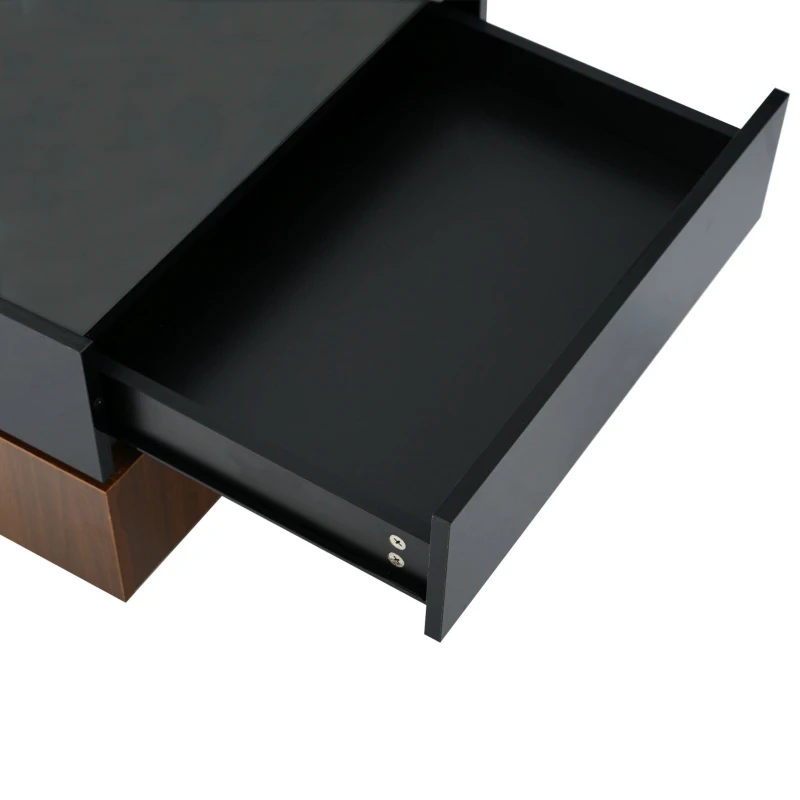 Multi-functional Square Coffee Table with 360° Rotating Top, 2 Drawers, High Gloss 2-Tier Design, 24" L x 24" W x 15" H, Black+Dark Walnut