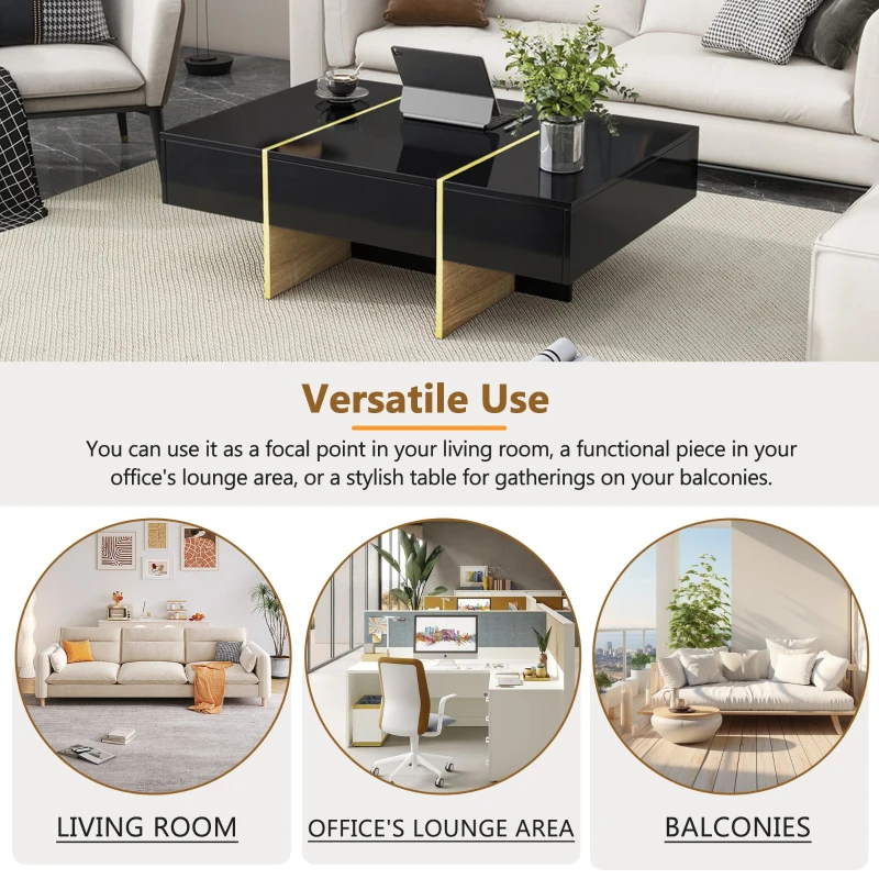 Minimalist High Gloss Coffee Table with 2 Drawers, Storage Rectangle Sofa Table, with Golden Wood Legs, 47" L x 31.5" W x 15.5" H, Black