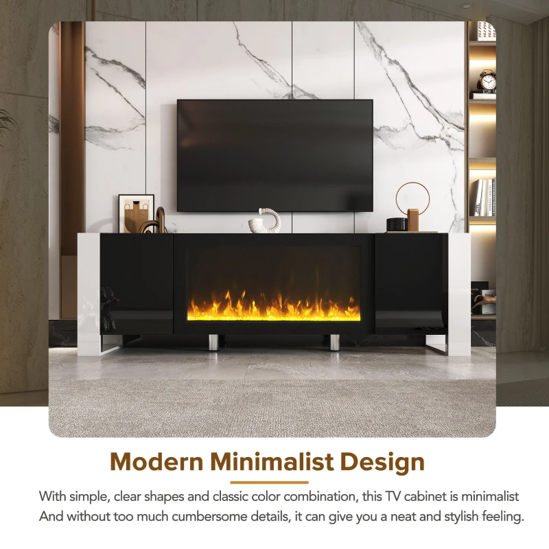 Modern TV Stand for TVs up to 78" with Electric Fireplace, Media Console with Cabinets, Entertainment Center, 68" L x 13.5" W x 21.5" H, Black