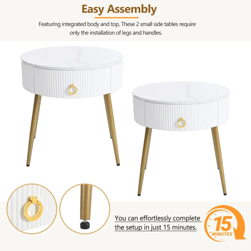 Vinsetto Set of 2 Modern End Tables with Storage, Faux Marble Tabletops, Fluted Panels, and Golden Legs, 19.5" L x 19.5" W x 20.5" H, White+Gold